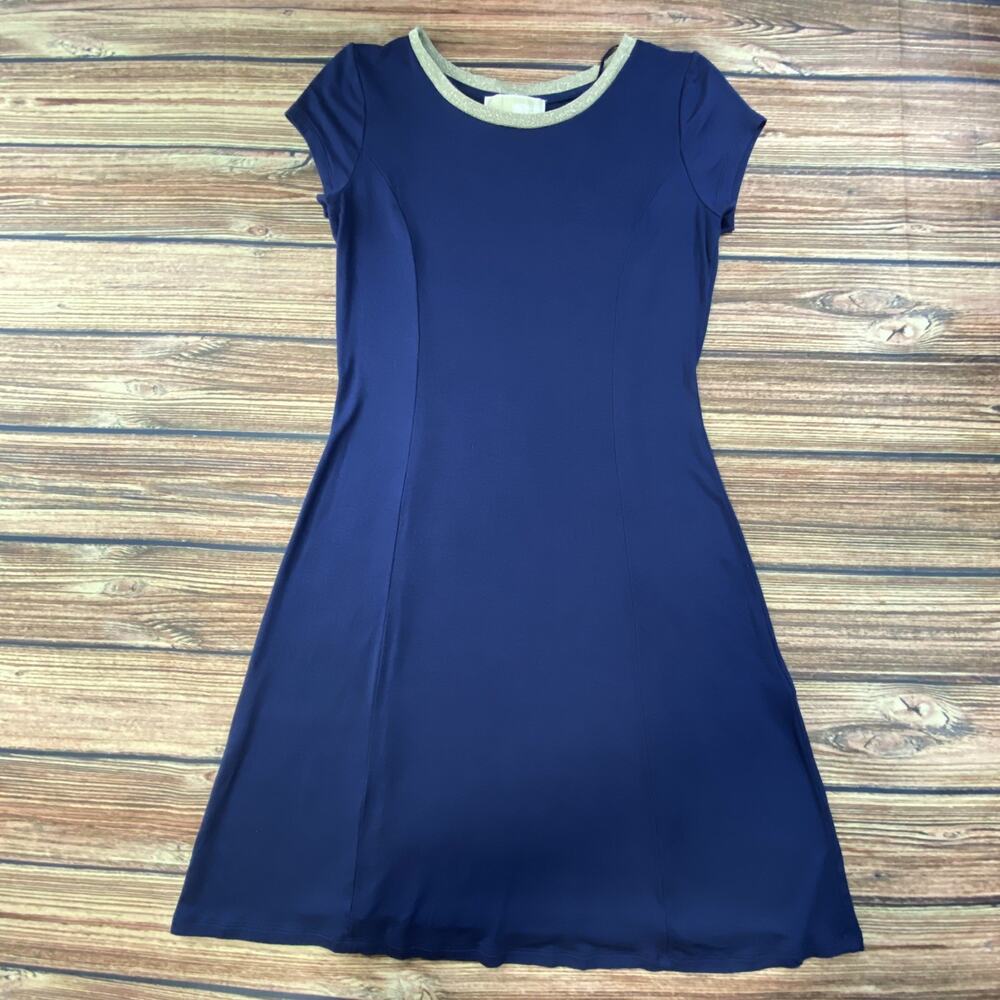 Michael Kors Navy Blue Flared Dress Size Small Short Sleeve Gold Trim